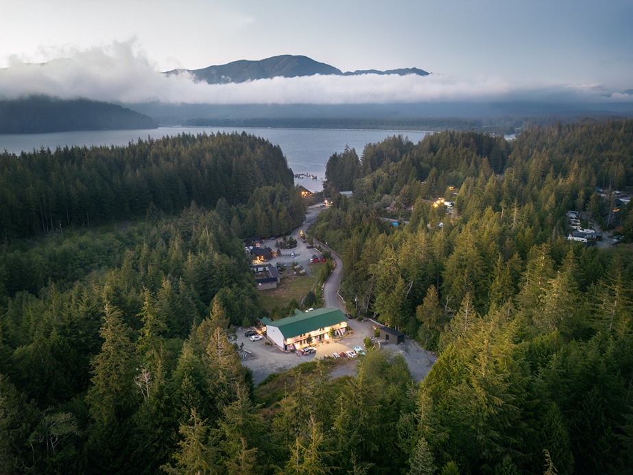 An Aerial View Of West Coast Trail Lodge and Port San Juan in Port Renfrew